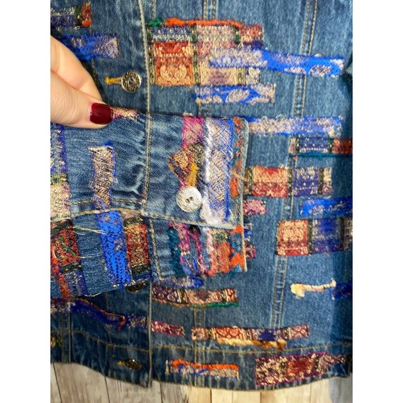 Chicos Womens Embroidered Jean Jacket Size 0 Multicolor Fringe Frayed Size Small - Picture 3 of 12
